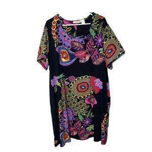 La Cera Dress Women's 2X Black Floral Cotton Lounge Pockets Short Sleeve